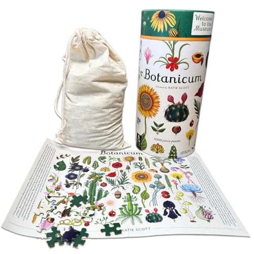 Botanicum puzzle box, bag, and partially assembled floral jigsaw pieces shown.
