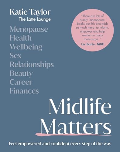 Book cover: “Midlife Matters” with text listing menopause, health, and relationships.