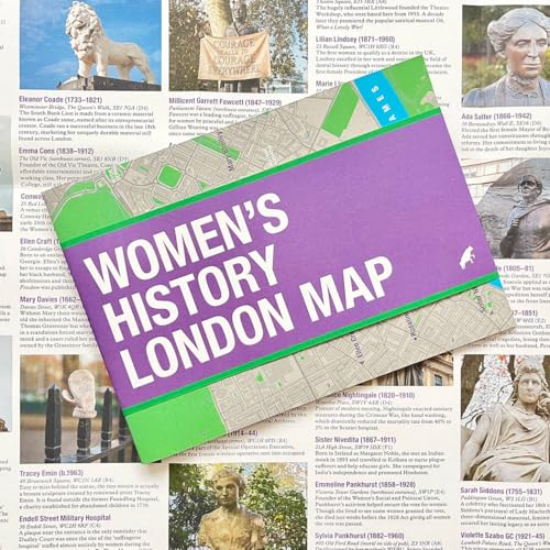 Folded map with “Women’s History London Map” title, surrounded by historical portraits.