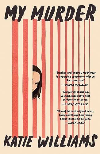 Book cover showing a woman's face peeking through red vertical bars on cream background.
