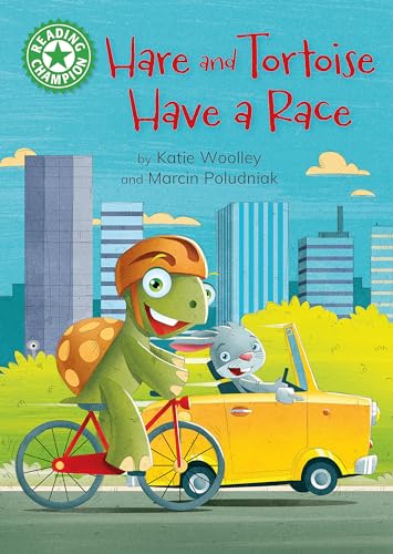 Tortoise on a bicycle races a hare in a car, book cover.