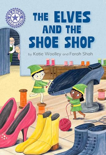 Book cover: elves working in a shoe shop, colourful illustration.
