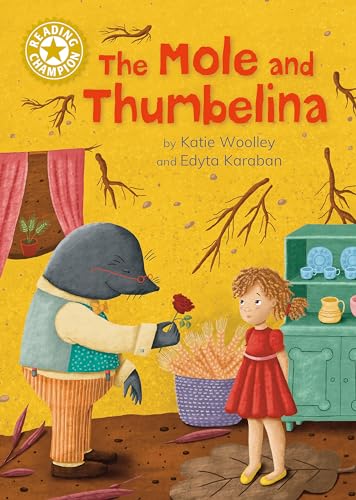 Book cover: a mole offering a rose to a small girl, Thumbelina.