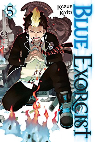 Blue Exorcist manga volume 5 cover featuring a kneeling character with flames and statues.
