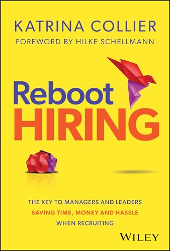Yellow book cover with origami shapes and bold "Reboot Hiring" text.