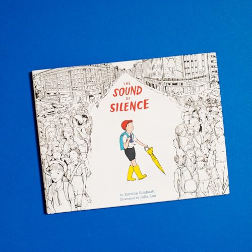 Book cover: a child with an umbrella walks through a crowded city sketch.