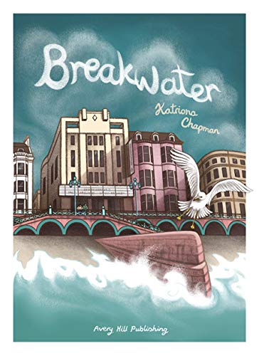 Book cover: illustrated coastal townscape with a seagull and waves.