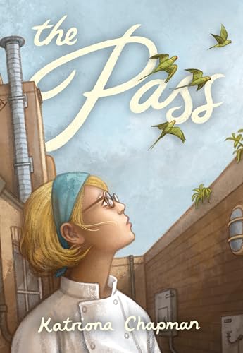 Illustration of a young chef looking up at green birds in flight.