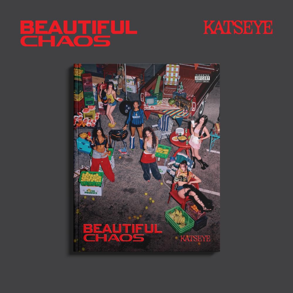 CD cover for Katseye’s “Beautiful Chaos” featuring people in a market scene.