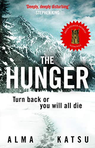 Book cover for The Hunger by Alma Katsu featuring a snowy mountain landscape.