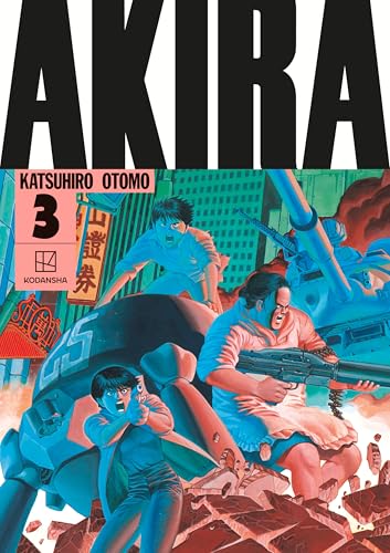 Cover of Akira Volume 3 featuring characters with weapons amidst a chaotic city scene.