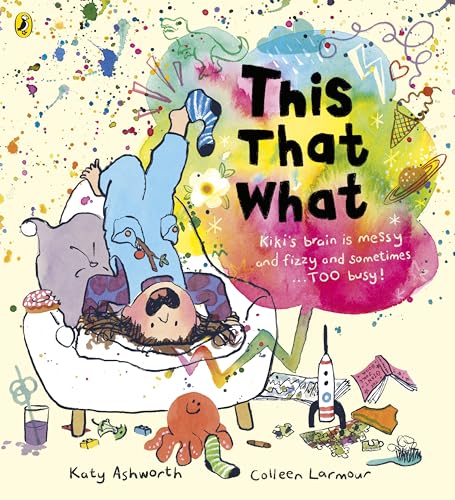 A child hangs upside down in a chair surrounded by colorful, chaotic, hand-drawn illustrations.