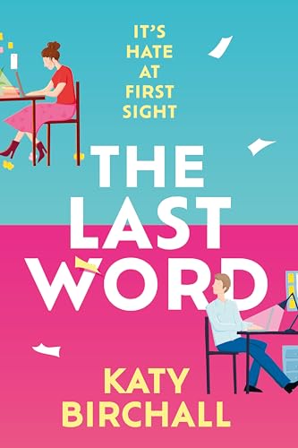 Book cover with illustrated man and woman working at desks, split color scheme.