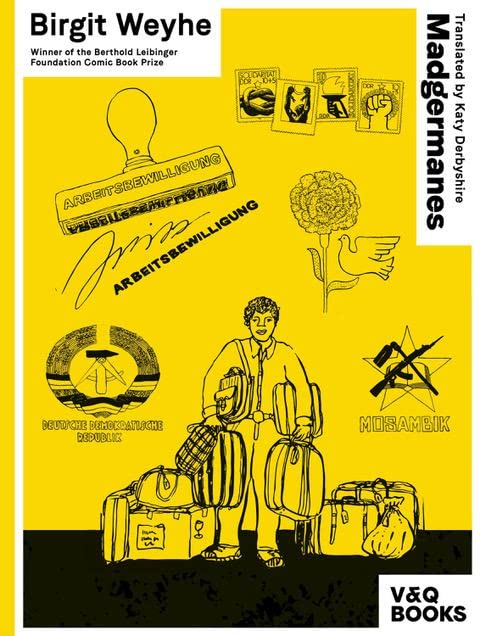 Yellow book cover with sketched figures, luggage, and symbolic imagery.
