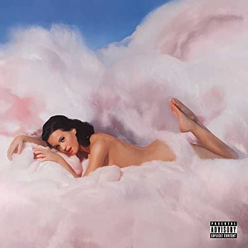 Katy Perry lying in pink clouds against a blue sky, parental advisory label included.