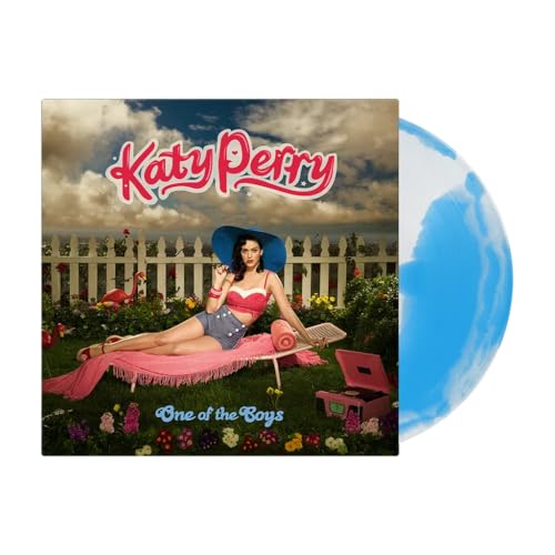 Katy Perry album cover “One Of The Boys” with a blue vinyl record.