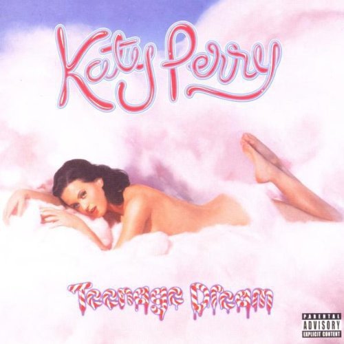 Katy Perry album cover, "Teenage Dream," featuring a reclining singer in pink clouds.