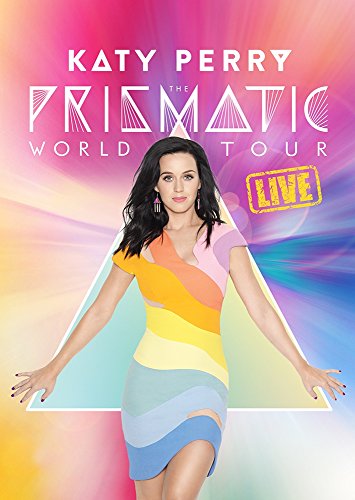 Katy Perry poses in a colorful dress before a prismatic triangle.