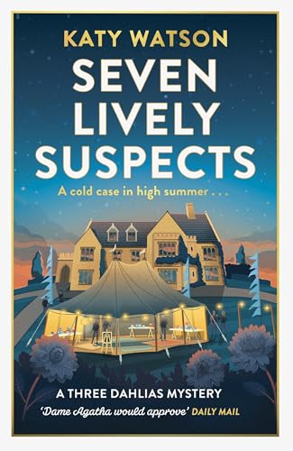 Book cover with a large house, garden party, and floral foreground.