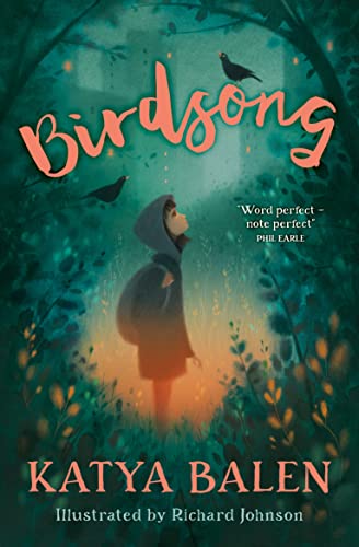 Book cover: hooded figure in a forest with two birds flying.