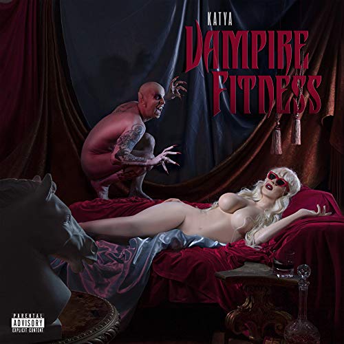 A bald figure looms over a blonde woman lying on a red velvet bed.