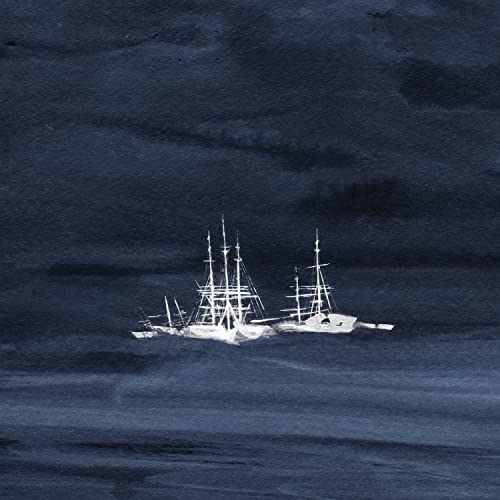 Dark blue watercolor painting of several sailing ships on water.