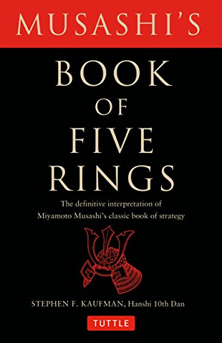 Book cover titled Musashi's Book of Five Rings with a red samurai helmet illustration.