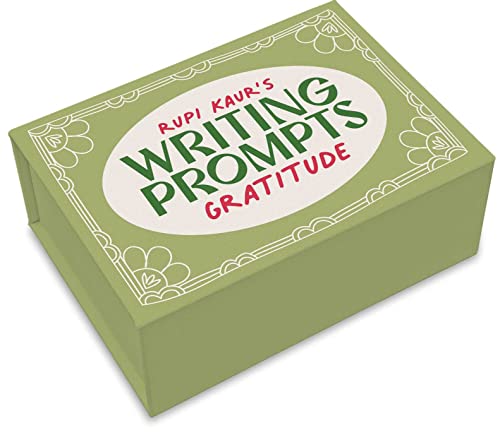 Green rectangular box featuring Rupi Kaur's Writing Prompts Gratitude text in a white oval.