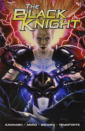 Comic book cover featuring a knight in black armor with a woman’s face.