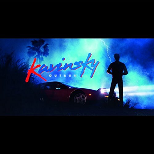 A man stands before a red sports car under a blue lightning-filled sky.