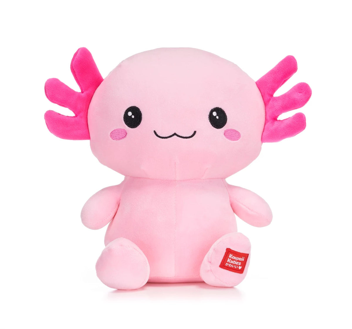 Pink axolotl plush toy with small black eyes and feathery gills.