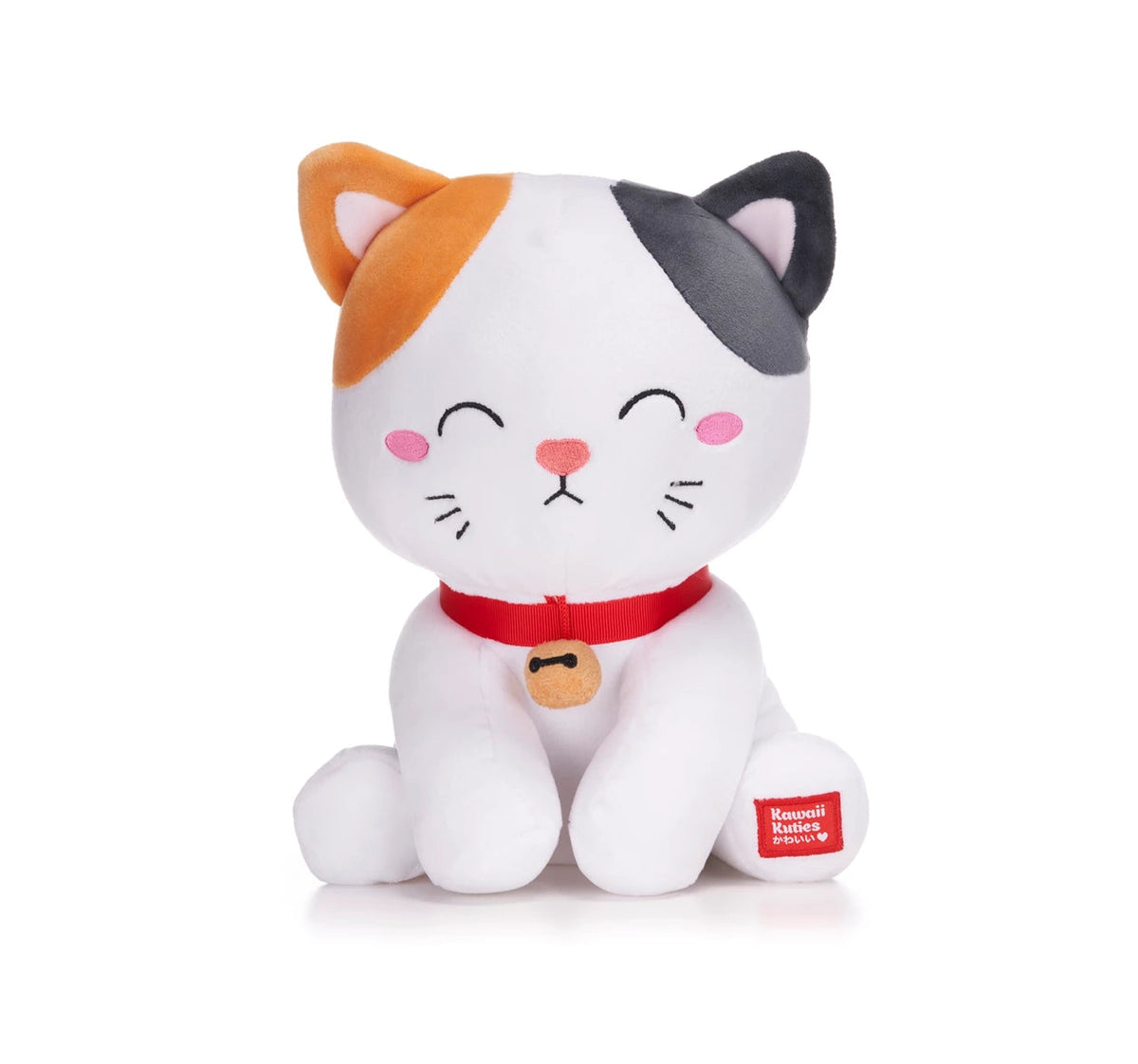 Calico cat plush toy with a small bell and embroidered face.