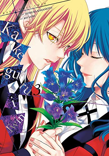 Manga cover for "Kakegurui Twin, Vol. 3" featuring two students and blue flowers.