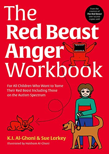 Red book cover with a small red monster and a child walking a dog.