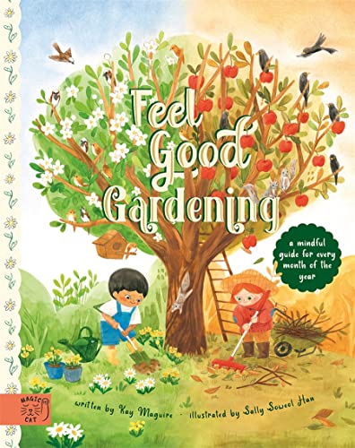 Book cover: illustrated tree with people gardening, titled "Feel Good Gardening.