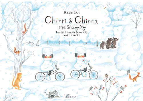 Snowy illustration of two penguin snowmen riding bicycles with forest animals.