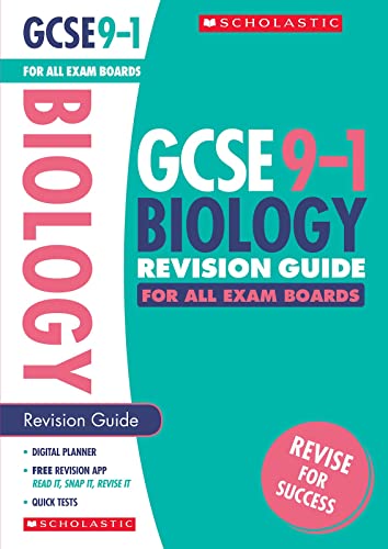 Bright pink and teal "Biology Revision Guide" book cover for GCSE exams.