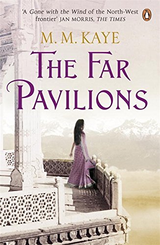 Book cover of "The Far Pavilions" showing a woman in a pink dress on a balcony.