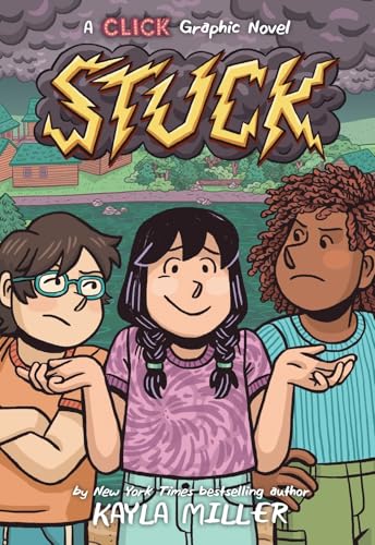 Cover of the graphic novel Stuck featuring three diverse young characters shrugging in front of water.