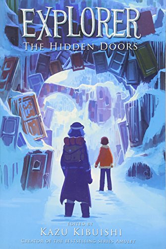 Two figures stand before an archway of snow-covered doors in a wintry landscape.