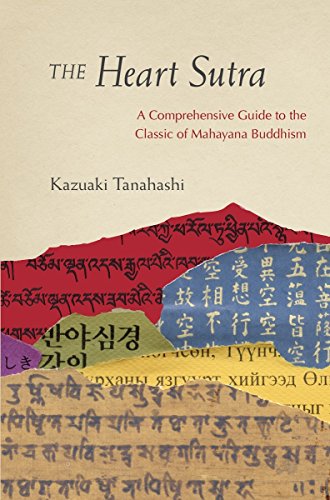 Book cover titled The Heart Sutra with layered torn paper featuring various Asian scripts.