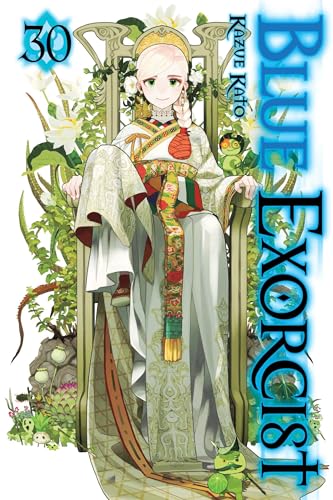 A pale-haired character in ornate robes sits on a throne surrounded by green plants.