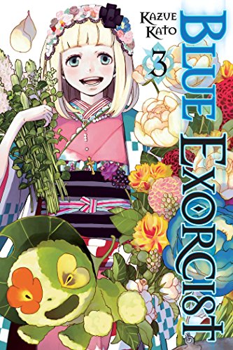 Blue Exorcist Volume 3 manga cover featuring a smiling girl in a floral kimono.