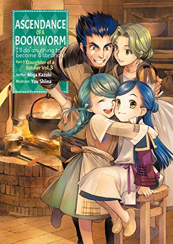 Anime-style illustration of a family of four in a rustic kitchen setting.