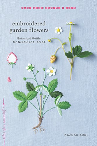 Book cover featuring embroidered strawberry plants and flowers on a light blue fabric background.