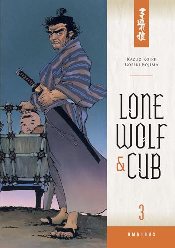 Samurai with sword and baby in cart, book cover illustration.