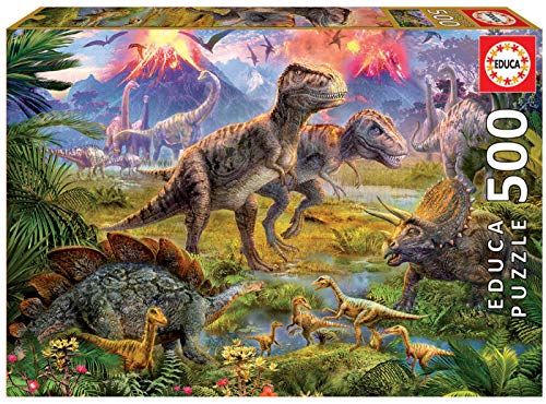 500-piece jigsaw puzzle depicting various dinosaurs in a prehistoric landscape.