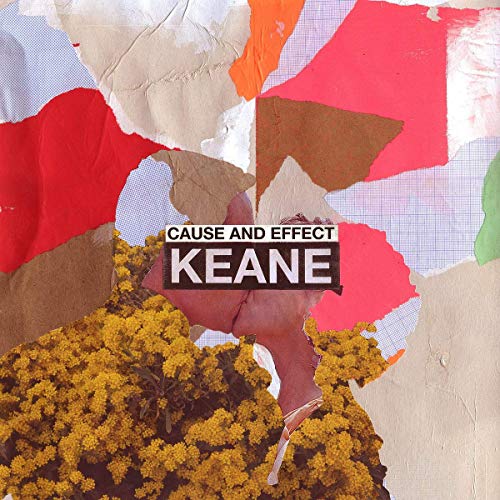 Album cover with torn paper collage in red, yellow, and white featuring Keane text.