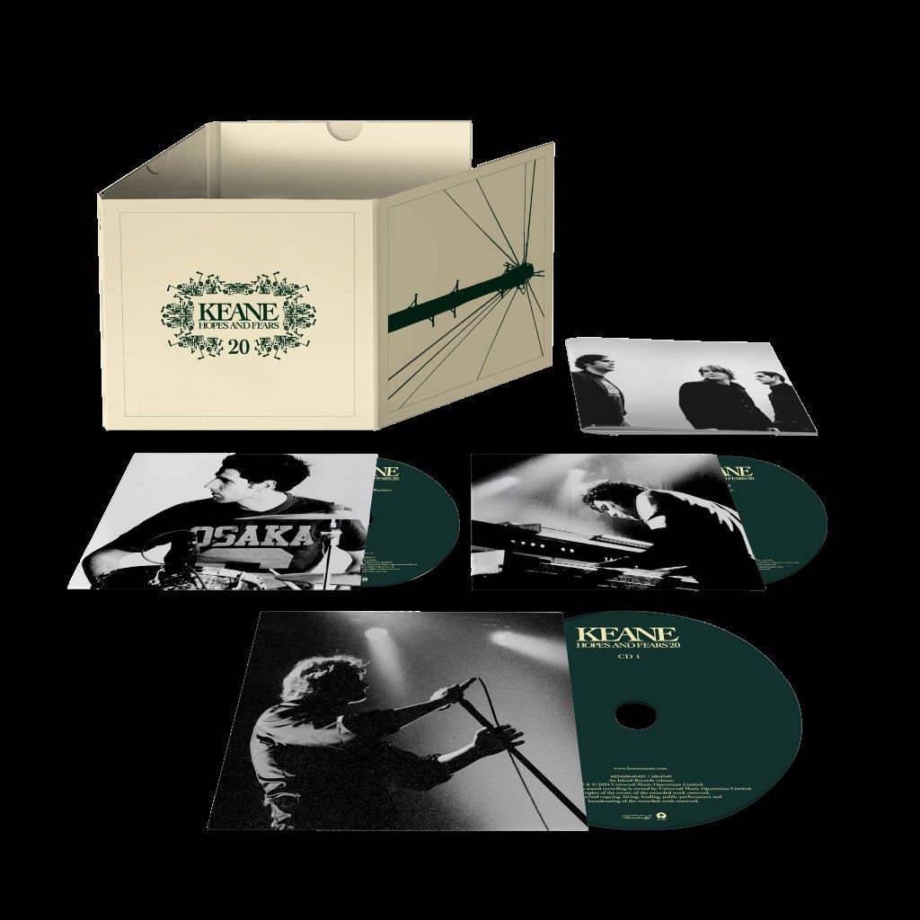 Keane “Hopes and Fears” 20th Anniversary CD package with three discs and band photos.