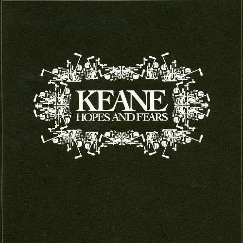 Keane’s “Hopes and Fears” CD cover: white text and skeletal instruments on black.